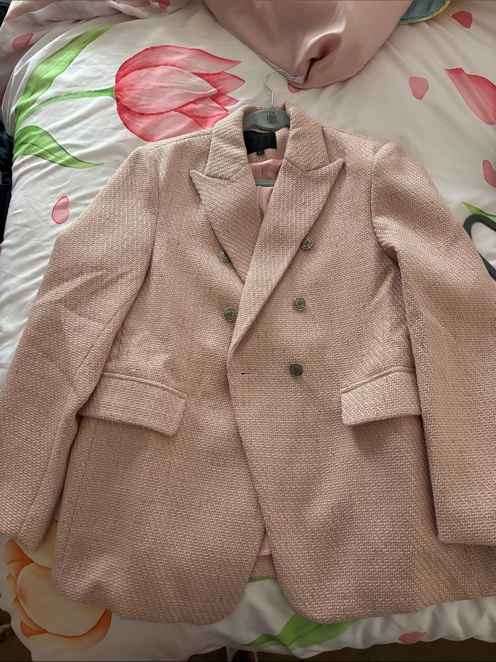 Ina Double-Breasted Textured Blazer in Light Pink. WOMENS